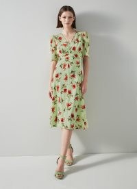 L.K. BENNETT Gabbi Green And Pink Giant Poppy Print Stretch Silk Dress / silky floral vintage style dresses / women’s luxury occasion clothes / luxe retro fashion