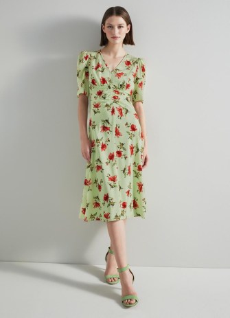 L.K. BENNETT Gabbi Green And Pink Giant Poppy Print Stretch Silk Dress / silky floral vintage style dresses / women’s luxury occasion clothes / luxe retro fashion - flipped