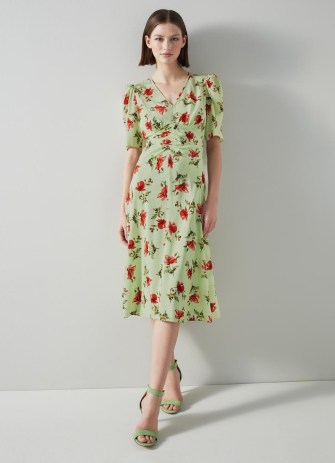 L.K. BENNETT Gabbi Green And Pink Giant Poppy Print Stretch Silk Dress / silky floral vintage style dresses / women’s luxury occasion clothes / luxe retro fashion