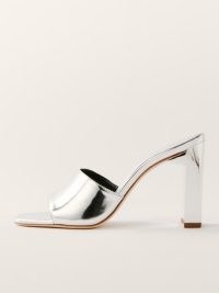 Reformation Georgi Block Heel Sandal Mirror Metallic – silver mules – mirrored mule sandals – women’s luxe leather evening shoes – luxury occasion high heels