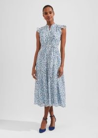 HOBBS GEORGIANA DRESS in Blue Multi – feminine flutter sleeve occasion dresses – ruffle trim clothes – women’s sustainable summer event clothing