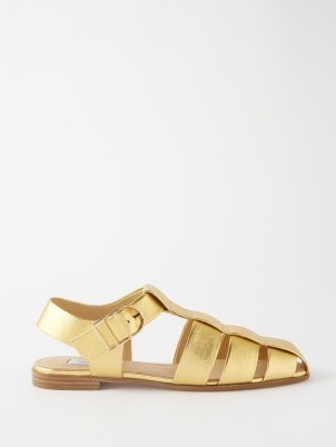 GABRIELA HEARST Lynn metallic-leather sandals in gold – womens luxury fisherman style flats – women’s luxe cut out sandal – strappy flat summer shoes - flipped