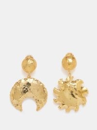SYLVIA TOLEDANO Sol y Luna gold-plated clip earrings – large luxe style mismatched jewellery – sun and moon statement drops ~ celestial style accessories