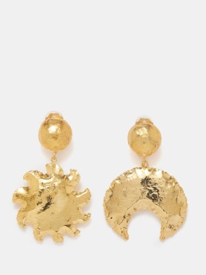 SYLVIA TOLEDANO Sol y Luna gold-plated clip earrings – large luxe style mismatched jewellery – sun and moon statement drops ~ celestial style accessories - flipped