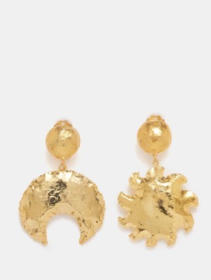 SYLVIA TOLEDANO Sol y Luna gold-plated clip earrings – large luxe style mismatched jewellery – sun and moon statement drops ~ celestial style accessories
