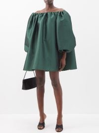 BERNADETTE Bobby off-the-shoulder taffeta dress in green ~ voluminous bardot mini dresses ~ women’s luxury occasion clothes with volume ~ designer puff sleeve party fashion ~ long balloon sleeves ~ feminine event clothing