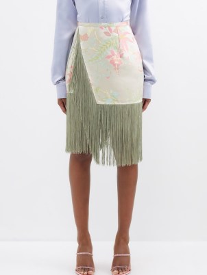TALLER MARMO Fringed floral satin-jacquard wrap skirt in green / women’s luxury fringe trim skirts / luxe clothing - flipped