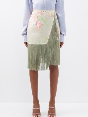 TALLER MARMO Fringed floral satin-jacquard wrap skirt in green / women’s luxury fringe trim skirts / luxe clothing