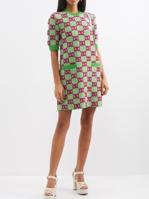 GUCCI GG-bouclé houndstooth-wool mini dress in green ~ women’s designer dresses ~ luxury clothing - flipped
