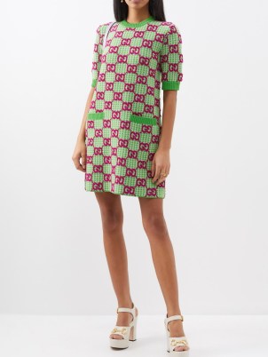 GUCCI GG-bouclé houndstooth-wool mini dress in green ~ women’s designer dresses ~ luxury clothing