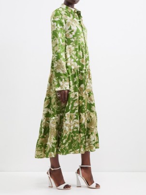 ERDEM Palmira tiered floral-print satin shirt dress in green ~ luxury relaxed fit collared dresses - flipped