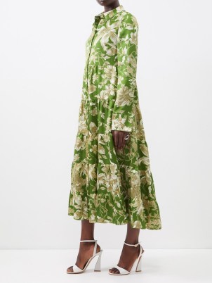 ERDEM Palmira tiered floral-print satin shirt dress in green ~ luxury relaxed fit collared dresses