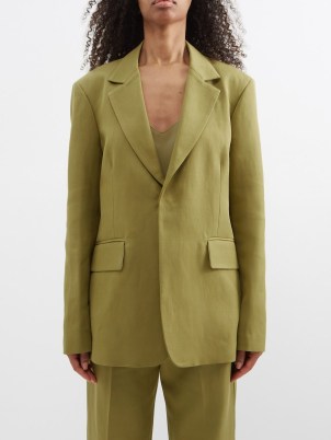 RAEY Relaxed ramie and cotton-blend suit jacket in green – women’s longline jackets – womens suits - flipped