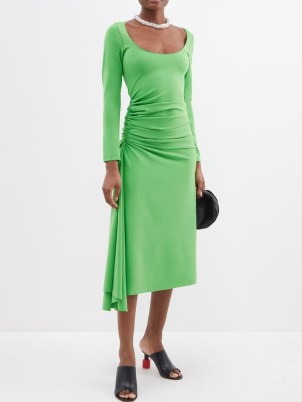 MARNI Side-draped stretch-jersey midi dress in green ~ women’s ruched asymmetric hemline occasion dresses ~ womens luxury clothes ~ designer clothing ~ drape detail fashion - flipped