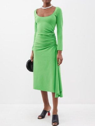 MARNI Side-draped stretch-jersey midi dress in green ~ women’s ruched asymmetric hemline occasion dresses ~ womens luxury clothes ~ designer clothing ~ drape detail fashion