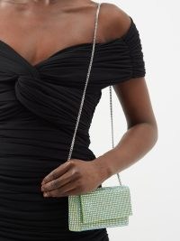 AMINA MUADDI SuperAmini Paloma crystal-satin clutch bag in green ~ luxury occasion handbags ~ luxe party accessories ~ designer chain shoulder strap evening bags with crystals