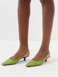 GUCCI Tom GG crystal-embellished faille slingback pumps in green ~ women’s luxury kitten heel slingbacks ~ womens designer shoes