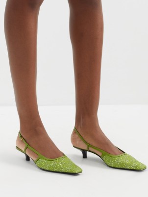 GUCCI Tom GG crystal-embellished faille slingback pumps in green ~ women’s luxury kitten heel slingbacks ~ womens designer shoes - flipped