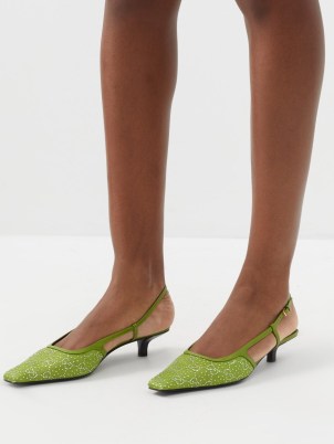 GUCCI Tom GG crystal-embellished faille slingback pumps in green ~ women’s luxury kitten heel slingbacks ~ womens designer shoes