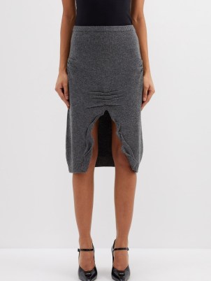 PRADA High-rise front-slit wool-blend midi skirt in grey – luxury knitted skirts - flipped