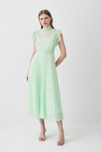 KAREN MILLEN Guipure Lace Pleated Skirt Midi Dress in Apple Green ~ romanic occasion clothes ~ women’s short sleeve high neck dresses ~ feminine evening clothing
