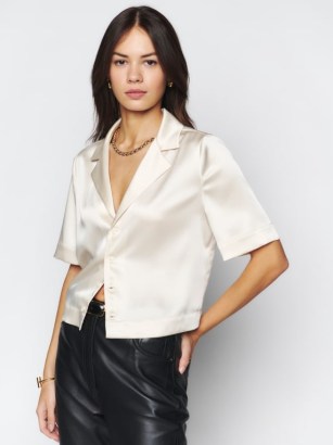 Reformation Hanson Satin Top in Almond / women’s luxury short sleeve boxy shirts / womens silky collared button down tops / luxe clothing / smooth fabric clothes - flipped