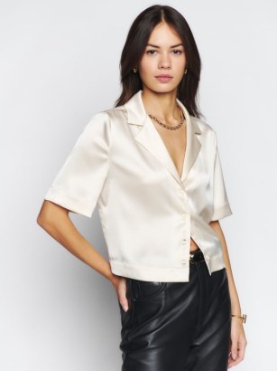 Reformation Hanson Satin Top in Almond / women’s luxury short sleeve boxy shirts / womens silky collared button down tops / luxe clothing / smooth fabric clothes