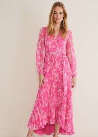 Phase Eight Hayley Floral Pleated Maxi Dress Neon Pink / romantic wrap style occasion dresses / women’s feminine summer event fashion / womens romance inspired clothing