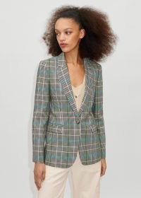 ME and EM Italian Check Relaxed Boyfriend Blazer in Neutral/Pale Blue/Navy – womens checked blazers – women’s luxury single breasted jackets