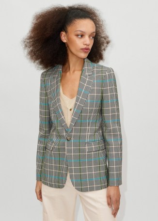 ME and EM Italian Check Relaxed Boyfriend Blazer in Neutral/Pale Blue/Navy – womens checked blazers – women’s luxury single breasted jackets - flipped