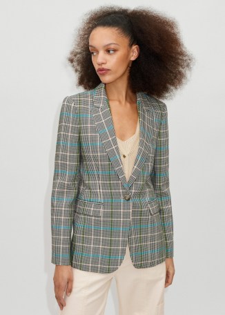 ME and EM Italian Check Relaxed Boyfriend Blazer in Neutral/Pale Blue/Navy – womens checked blazers – women’s luxury single breasted jackets