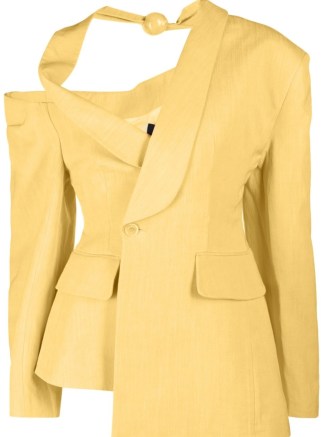 Jacquemus Baska asymmetric blazer in sunflower yellow – women’s edgy cut out jackets – womens asymmetrical cutout blazers – designer clothes – contemporary fashion - flipped