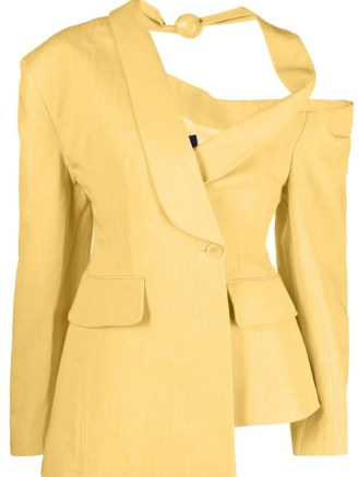 Jacquemus Baska asymmetric blazer in sunflower yellow – women’s edgy cut out jackets – womens asymmetrical cutout blazers – designer clothes – contemporary fashion