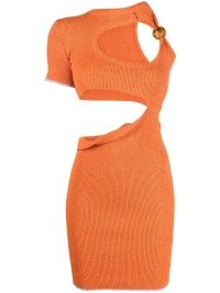 Jacquemus La Robe Brilho lurex-knit minidress orange – one sleeve cut out mini dress – cut out bodycon dresses – women’s asymmetric designer fashion – metallic thread clothing