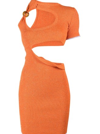 Jacquemus La Robe Brilho lurex-knit minidress orange – one sleeve cut out mini dress – cut out bodycon dresses – women’s asymmetric designer fashion – metallic thread clothing - flipped