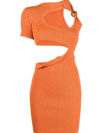Jacquemus La Robe Brilho lurex-knit minidress orange – one sleeve cut out mini dress – cut out bodycon dresses – women’s asymmetric designer fashion – metallic thread clothing