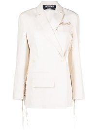 Jacquemus La Veste Tibau Brodée blazer off white – women’s designer linen blend blazers – womens lightweight double breasted jackets – luxury spring clothing