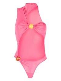 Jacquemus Le Perola cut-out bodysuit in flamingo pink ~ womens bubblegum coloured cutout bodysuits