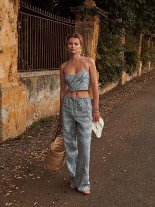 Reformation Jaida Linen Two Piece in Slate Check / women’s crop top and trouser fashion sets / women’s luxury clothing co-ords / womens checked halterneck tops and trousers / strappy halter neck / vintage inspired co-ord / summer clothes - flipped