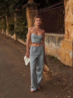 Reformation Jaida Linen Two Piece in Slate Check / women’s crop top and trouser fashion sets / women’s luxury clothing co-ords / womens checked halterneck tops and trousers / strappy halter neck / vintage inspired co-ord / summer clothes