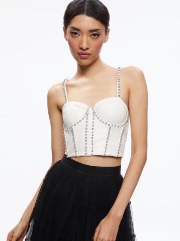 alice + olivia JEANNA BUSTIER VEGAN LEATHER CROP TOP in Off White | sleeveless fitted crystal embellished tops | cropped hem | women’s luxe fashion