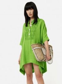 Jigsaw Button Detail Linen Kaftan Green / womens lime kaftans / asymmetric hemline clothing / summer relaxed fit tunic tops / womens citrus coloured clothes