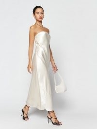 Reformation Joana Silk Dress Fior Di Latte – women’s silky strapless dresses – women’s luxe clothing – luxury evening fashion – occasion clothes