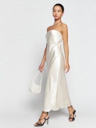 Reformation Joana Silk Dress Fior Di Latte – women’s silky strapless dresses – women’s luxe clothing – luxury evening fashion – occasion clothes - flipped