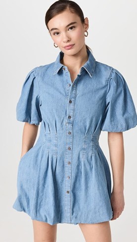 Jonathan Simkhai STANDARD Ciara Denim Shirting Dress in Vatia | women’s blue collared puff sleeve mini dresses - flipped