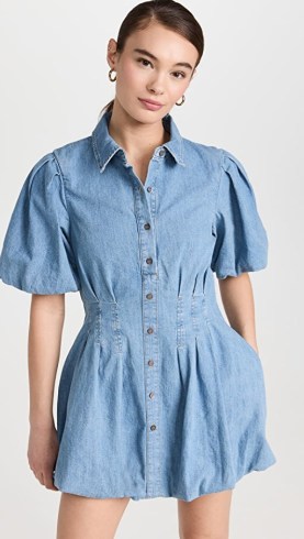 Jonathan Simkhai STANDARD Ciara Denim Shirting Dress in Vatia | women’s blue collared puff sleeve mini dresses