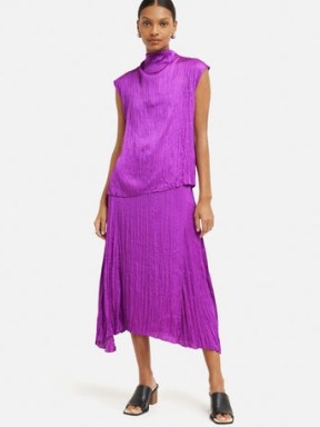 Jigsaw Satin Crinkle Midi Skirt in Purple Orchid | women’s crinkled asymmetric skirts - flipped
