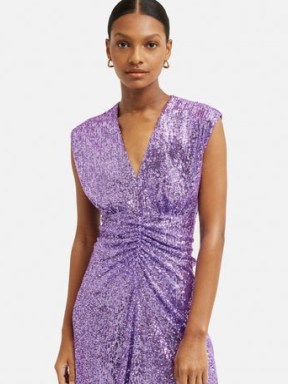Jigsaw Sequin Ruched Midi Dress in Purple | women’s sleeveless sequinned occasion dresses | womens luxe party clothes | luxury evening event clothing - flipped