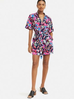 JIGSAW Graphic Pansy Playsuit / womens short sleeve printed playsuits / belted tie waist / womens all-in-one summer clothing - flipped