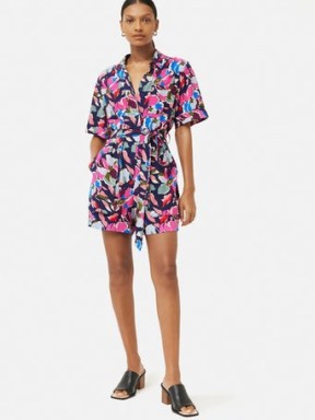 JIGSAW Graphic Pansy Playsuit / womens short sleeve printed playsuits / belted tie waist / womens all-in-one summer clothing